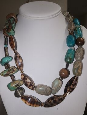 Vintage 925 Barse Royston Turquoise Tiger Cowrie Jasper Jadeite Abalone Necklace